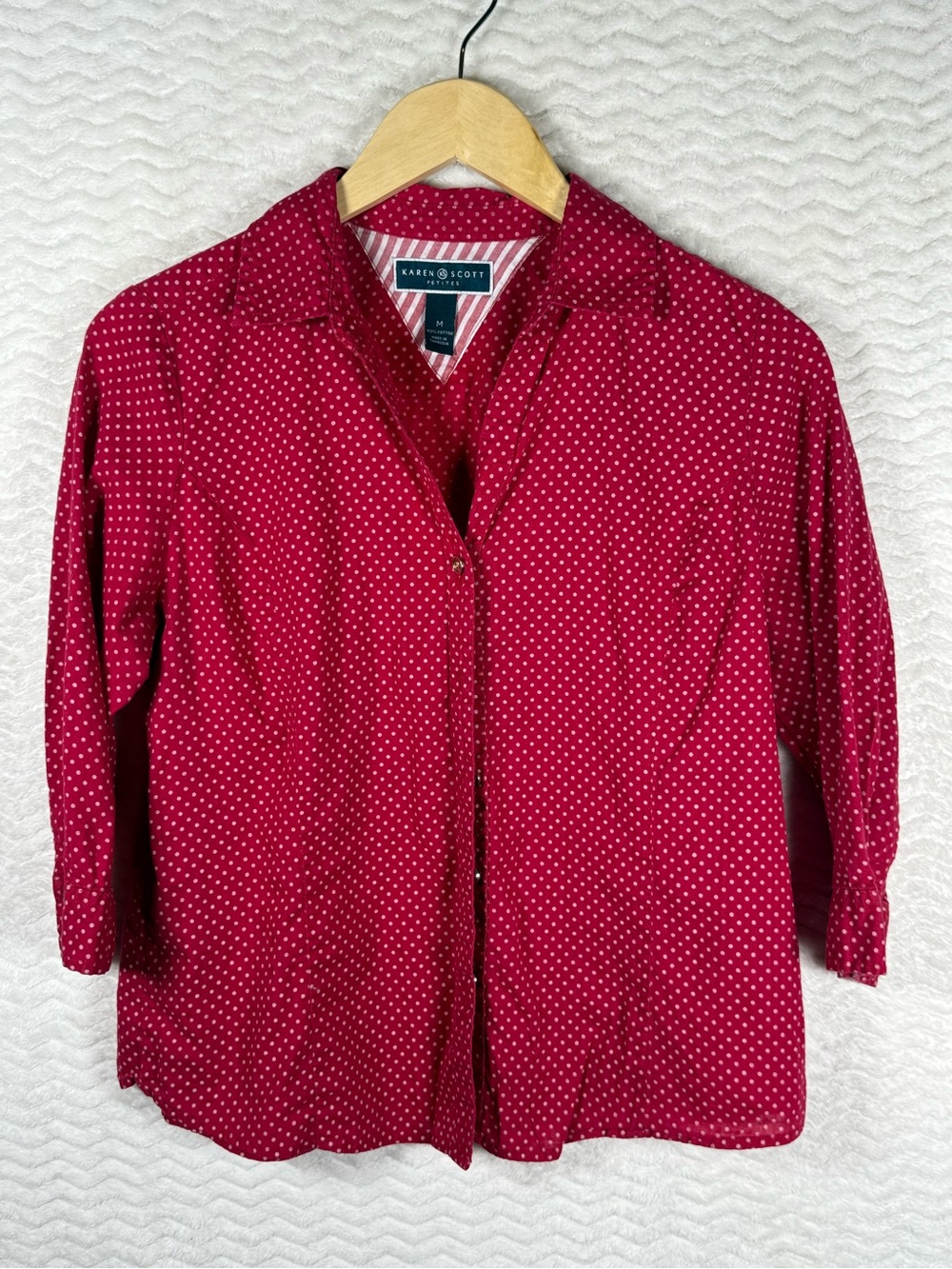 Karen Scott Burgundy/Red Polka Dot Button-Down Shirt. 100% cotton. 🧡